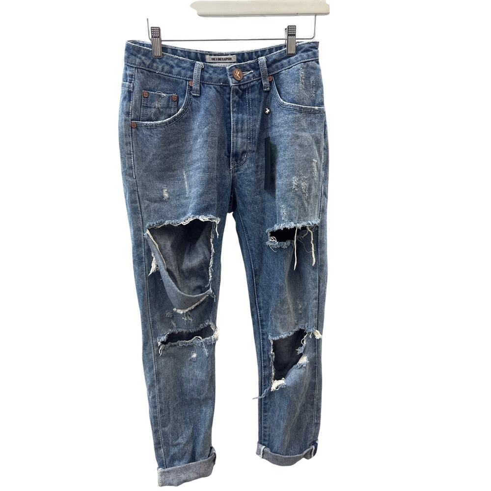 One Teaspoon Sz 26 Ripped Distressed Straight Leg Low Waist Blue Boyfriend Jeans